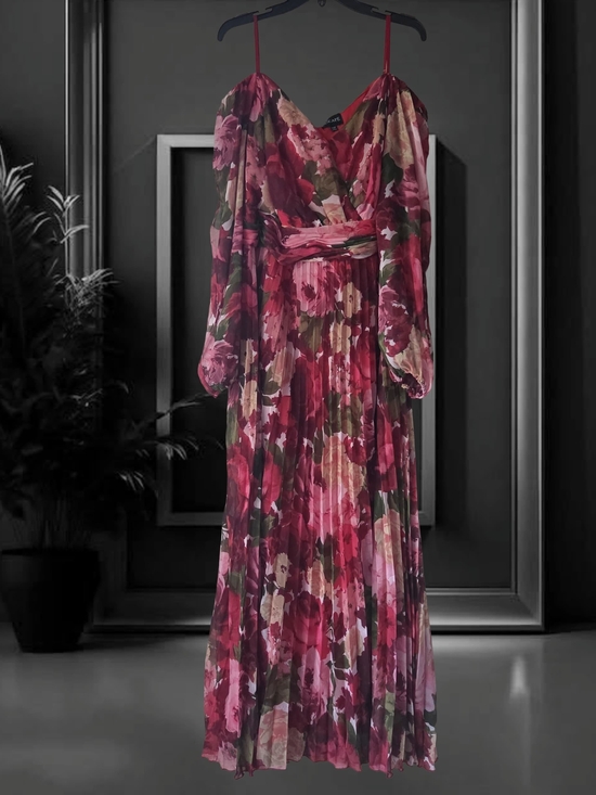 Xscape Dresses & Skirts - Xscape Plus Size Floral Pleated Maxi Off-The-Shoul Red Olive 20W Dress
